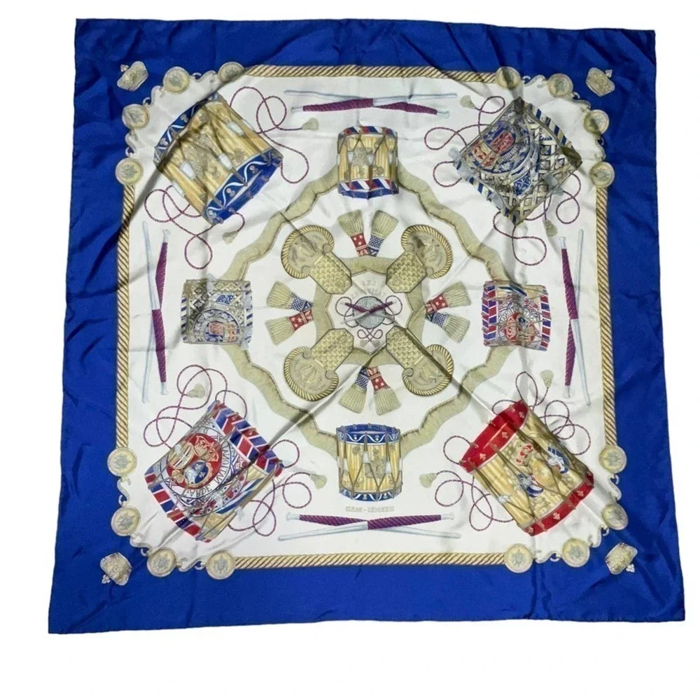 Hermès Les Tambours 100% Silk Scarf. Blue - Picture 2 of 13